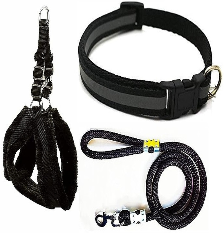 SENAPATI Dog Standard Harness(Medium, SP Combo Dog Fur Harness Reflecting Collar Rope Set (Medium, Black fur))