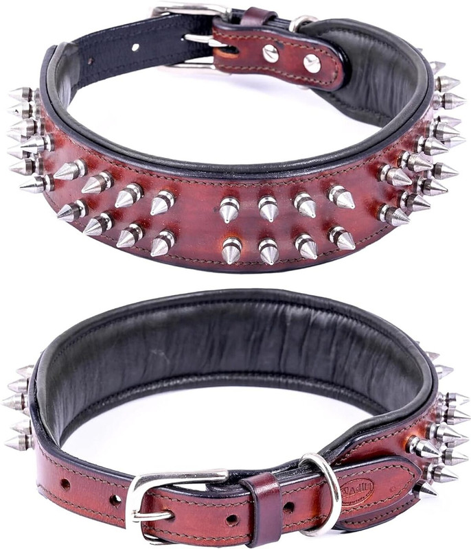 ADIL'S Leather Spike Dog Collar, Adjustable Buckle, D-Ring, Size L, Brown Dog Everyday Collar(Large, Brown)