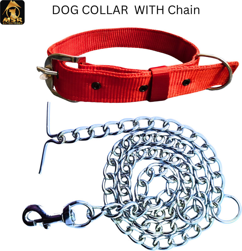 MSR CHAIN Dog Belt Combo Nylon Collar with Heavy Chain Leash Dog & Cat Collar & Chain(Medium, Red)