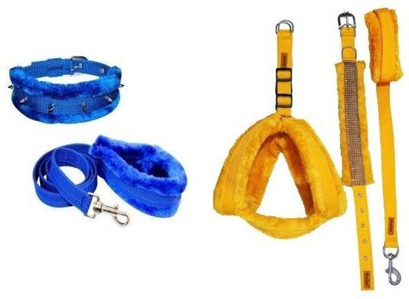 Haniyaa Sway Export Quality Dog Blue Spyke Collar,Lease And Yellow Furr Set Small Dog NA Harness(Small, BLUE)