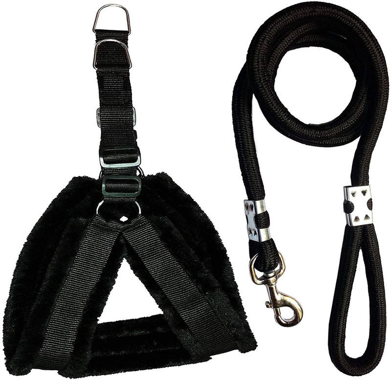 Hundur Store Fur Padded Nylon Dog Harness & Rope Dog & Cat Harness & Leash(Small, Black)