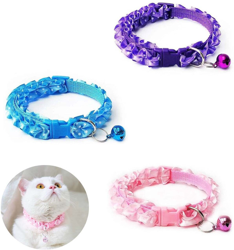 Rvpaws 3Pcs Colorful Ruffle Dog collar Adjustable Soft Fabric Cat belt with Bell Dog & Cat Everyday Collar(Small, Multicolor)