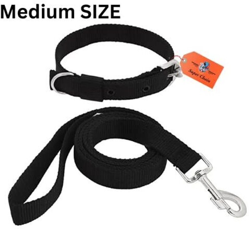 SUPER CHAIN Dog Neck Collar Belts and Leash Set , Waterproof, Nylon Dog Collar & Leash(Medium, BLACK)