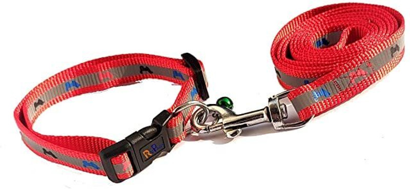 Woofy 15MM Reflective And Printed Collar & Leash With Bell for Small Dogs & Cats Dog & Cat Collar & Leash(Medium, Red)