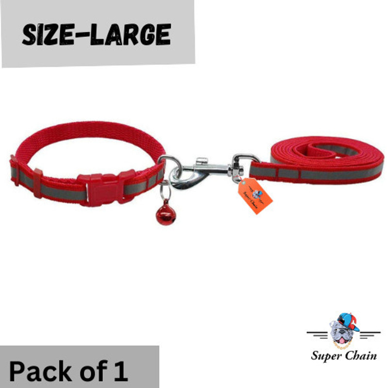 SUPER Reflective Dog Leash Collar for Puppy Set with Bell for Cats and Dogs. Dog Collar & Leash(Large, Red)