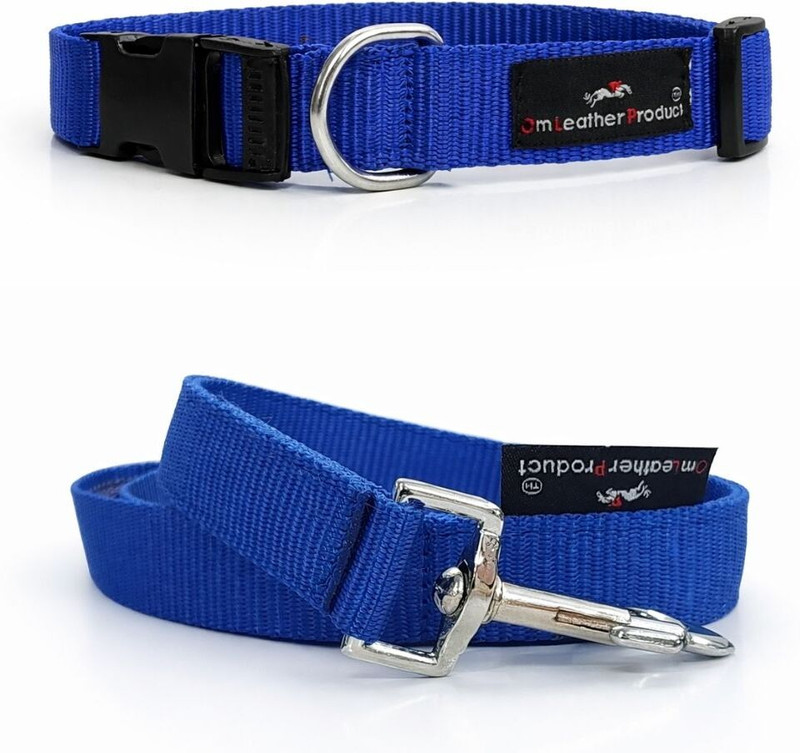 Om Leather Product Om Leather Product Dog Collar Leash Combo | 5 Ft. Leash with Push Button Dog Collar & Leash(Medium, Blue)
