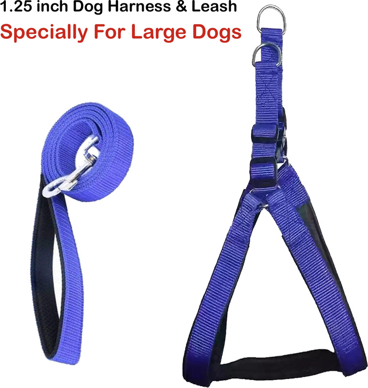 WROSHLER NYLON BLUE 1.25INCH PADDED DOG BODY HARNESS & LEASH ADJUSTABLE [Color May Vary] Dog Harness & Leash(Large, BLUE)
