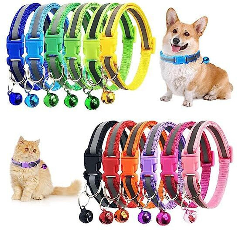 AKEnnterprises Reflective Soft Dog Collar with Bell -Collar for Puppy and Small Dogs 2 Pcs Dog & Cat Collar & Leash(Small, MultiColor)