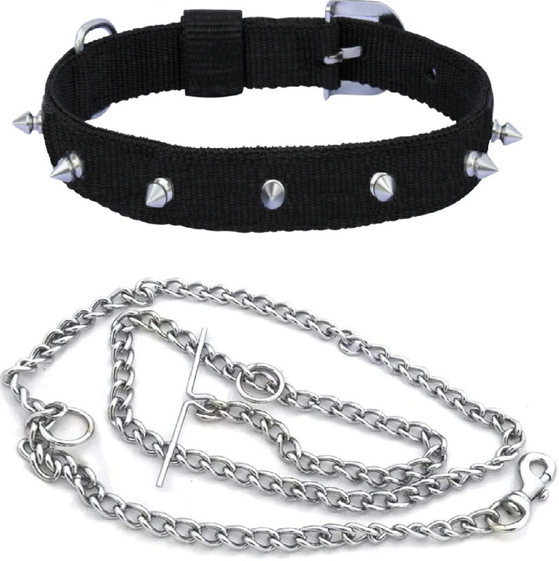 Petzoto Good Quality Dog Belt Combo of Black Nylon Spike Collar with Dog Handle Chain Dog Collar & Chain(Medium, BLACK)