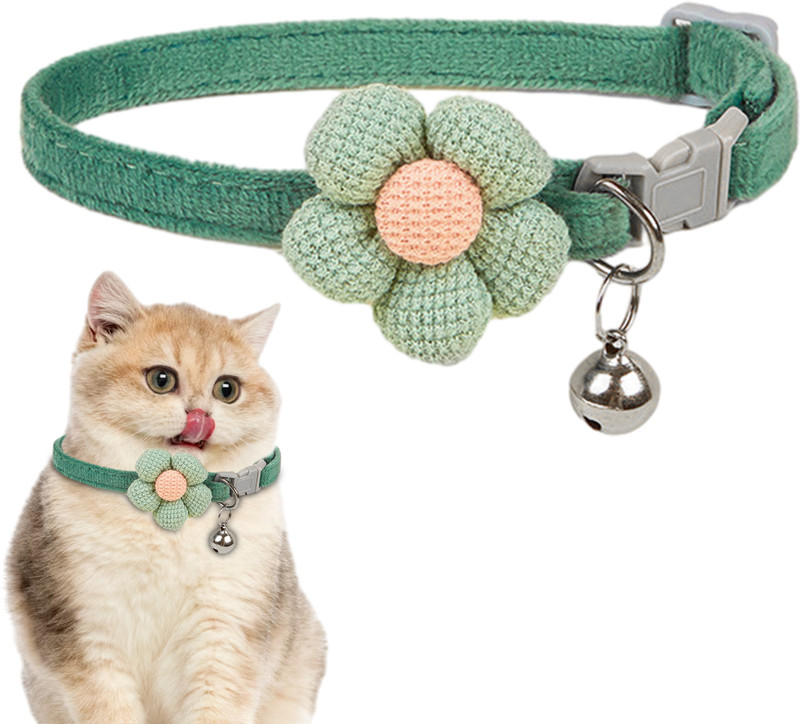 gustave Cat Collar Pet Collar Cute Flower Collar with Bell Lovely Cat Collar Soft Plush Cat Break Away Collar(Small, Green)