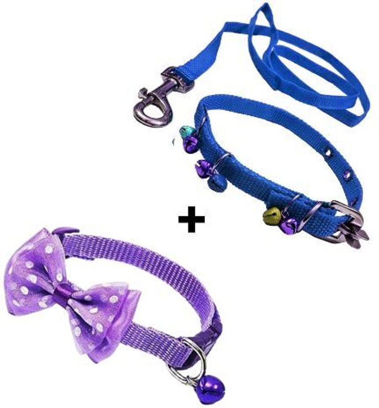 DRK Shop Mart Dog Collar leash Set Adjustable Nylon Ghungroo collar Leash &BowTie -cat ,Puppy Dog Collar & Leash(Small, Blue, Purple)