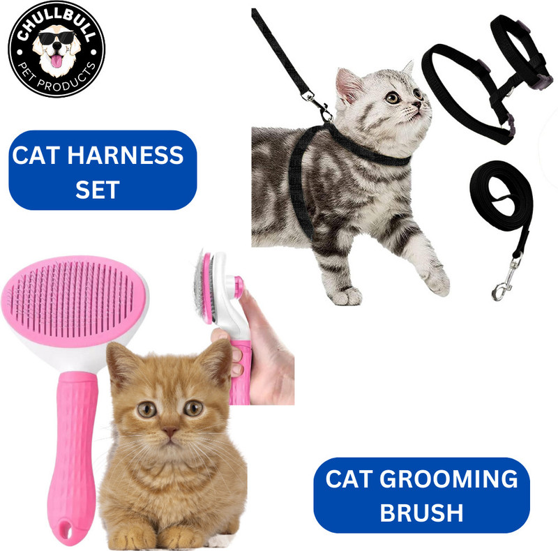 chullbull pet products Cat Buckle Harness Full Body With Leash+Pet Hair Remover Brush Slicker Brushes Cat Harness & Leash(Extra Small, BLACK)
