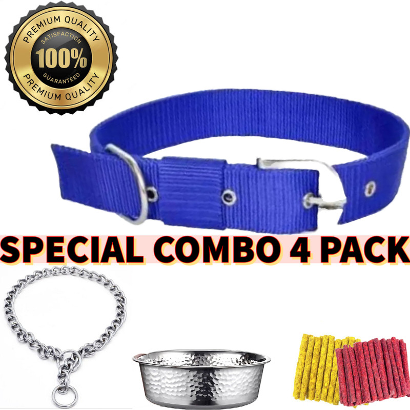 SUPER CHAIN MUNCHY 500GM, STAINLESS STEEL DOG BOWL, CHOKE CHAIN, DOG COLLAR Dog Collar & Leash(Medium, BLUE)