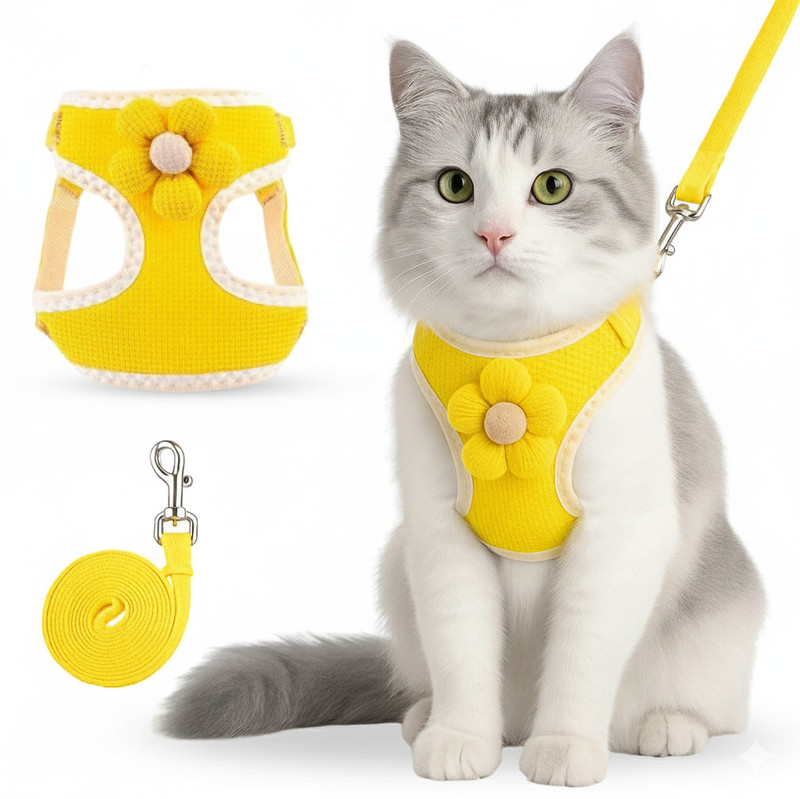 Tail & Collar Club Cat Harness and Leash, Small (A:32-56cm, B:26-50cm) suitable for small Pet Cat Buckle Harness(Small, Yellow Sunflower)