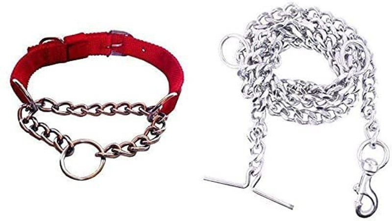 Hundur Store Combo of Choke Nylon 1 inch Chain Collar with 8 No. Steel Chain Dog & Cat Collar & Chain(Medium, Red)