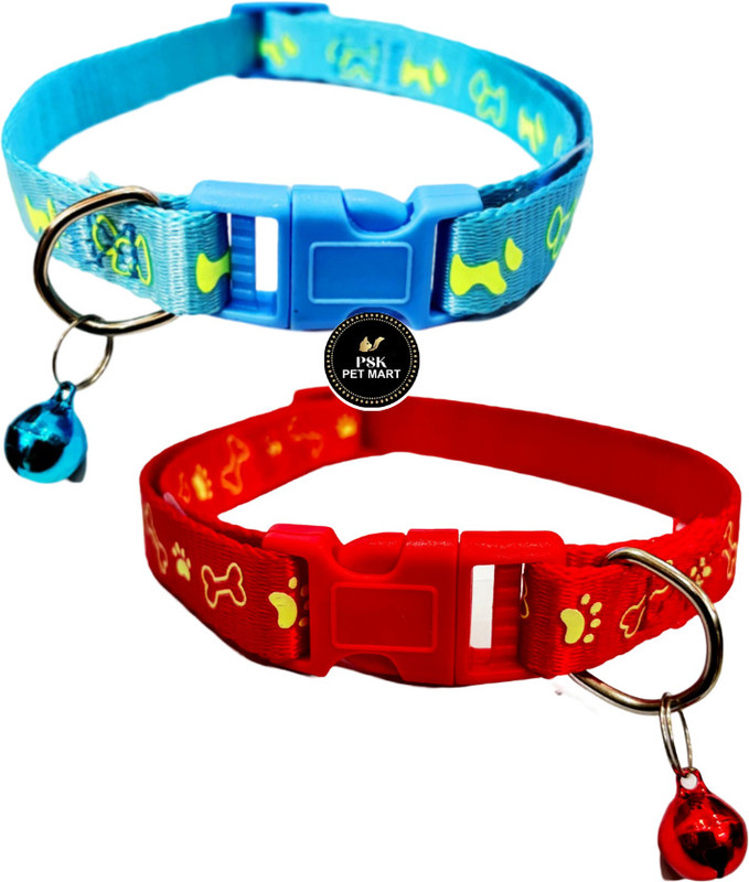PSK PET MART 2Pcs Printed Adjustable Length Collar Belt with Bells Soft Nylon Collar Dog & Cat Everyday Collar(Small, Multicolor)