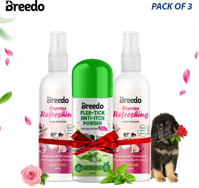 Breedo (COMBO OF 3) 2 Refreshing Rose Perfume + Anti-Itch Powder 140 GM For Dog & Cat Natural Cologne(200 ml)
