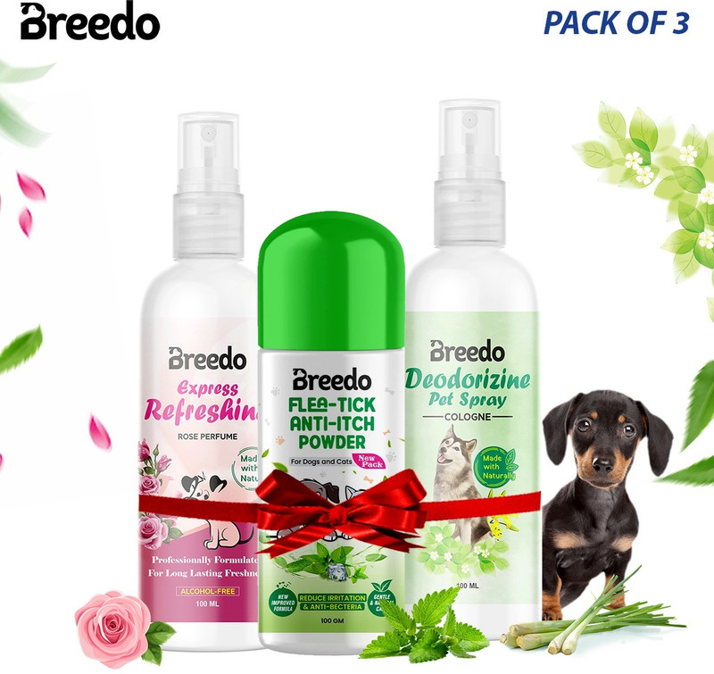 Breedo (COMBO OF 3) Deodorizine Spray + Deodorant Spray + Powder 140 GM For Dog & Cat Natural Cologne(200 ml)