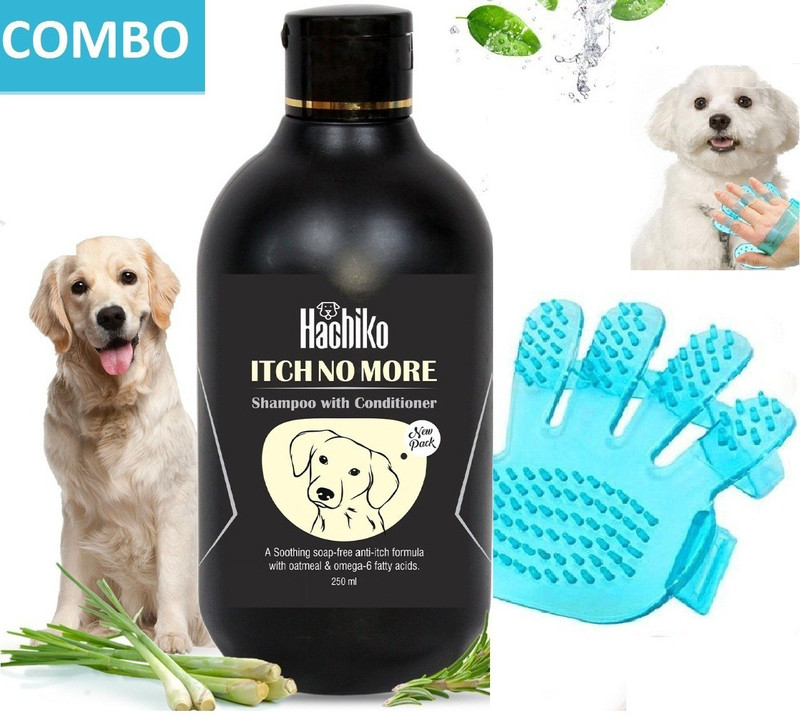 Hachiko (Combo Of 2) Grooming Gloves + Itch No More ( 250 ml) Shampoo For All Breed Dog Basic Comb for Dog, Cat, Rabbit, Hamster