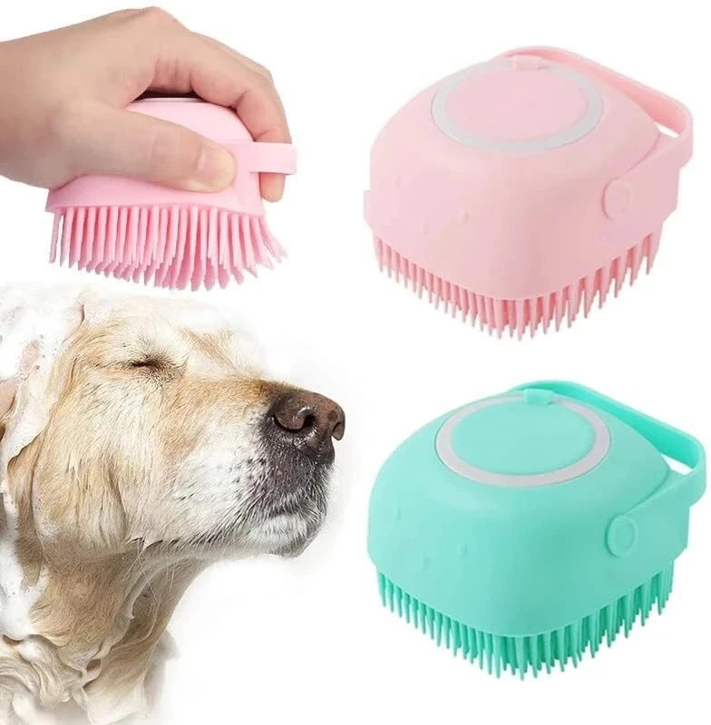 BRAND VILLA Pets Bath Soft Silicone Rubber Bristle Dog Brush with Soap and Shampoo Dispenser Plain/ Bristle Brushes for  Dog & Cat