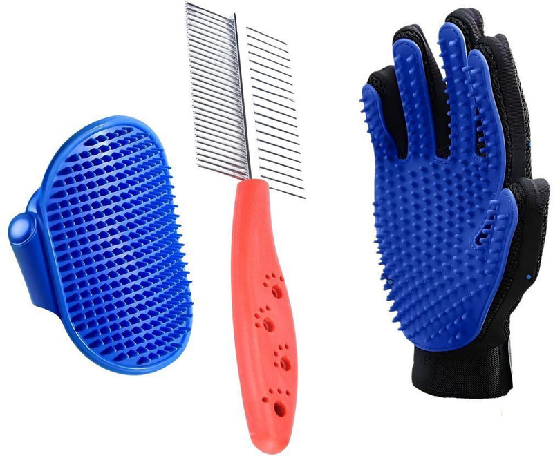 Petsoft Double Side Steel Comb, De-Shedding Glove & Palm Gloves for Dogs & Cats (3-Pack) Plain/ Bristle Brushes for Dog & Cat, Horse
