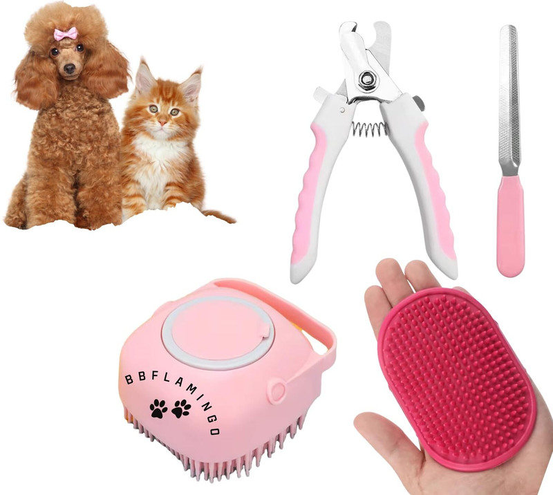 BBFLAMINGO Combo of Dog Nail Cutter , Bath Brush & Grooming Brush for Dogs & Cats - Pro Kit Plain/ Bristle Brushes for Dog, Cat, Rabbit