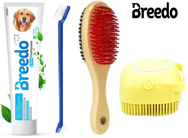 Breedo (Combo of 4) Toothpaste + Brush Comb + Scrub + Teeth Brush For All Breed Dogs Basic Comb for  Dog & Cat, Dog, Monkey, Rabbit, Hamster