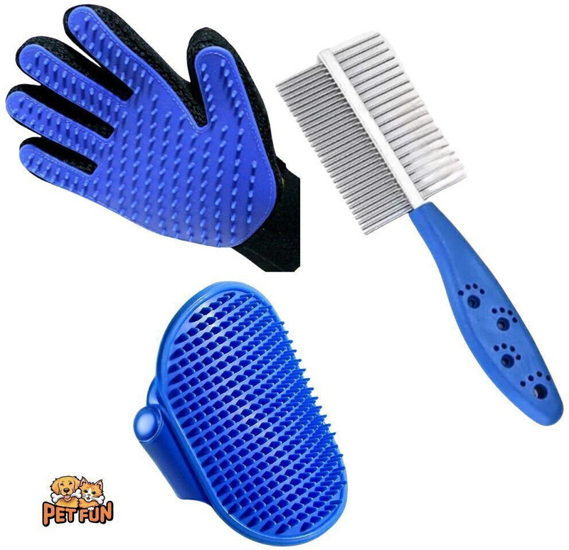 Petfun 2 Side Steel Comb, Palm Gloves & Shampoo Dispenser Brush for Pets - Pack of 3 Plain/ Bristle Brushes for  Dog & Cat, Horse