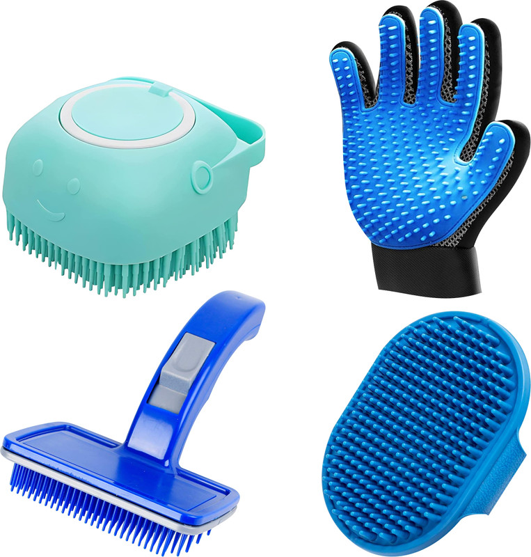 S.Blaze Combo of Bath Brush, Glove, Plum Brush & Slicker Brush, Wire-pin Brushes for Dog & Cat