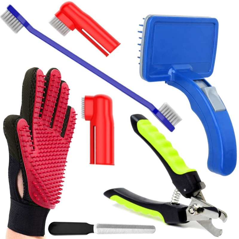 PSK PET MART Kit- Nail Clippers +Manual Toothbrush Kit+Slicker Brush + Pet Glove PF-7 Pet Spa Kit