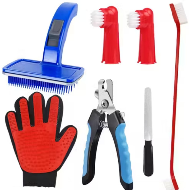Emily Pets 5-in-1 Pet Grooming Kit Glove Brush Toothbrush Slicker Nail Clipper File Basic Comb for  Dog & Cat