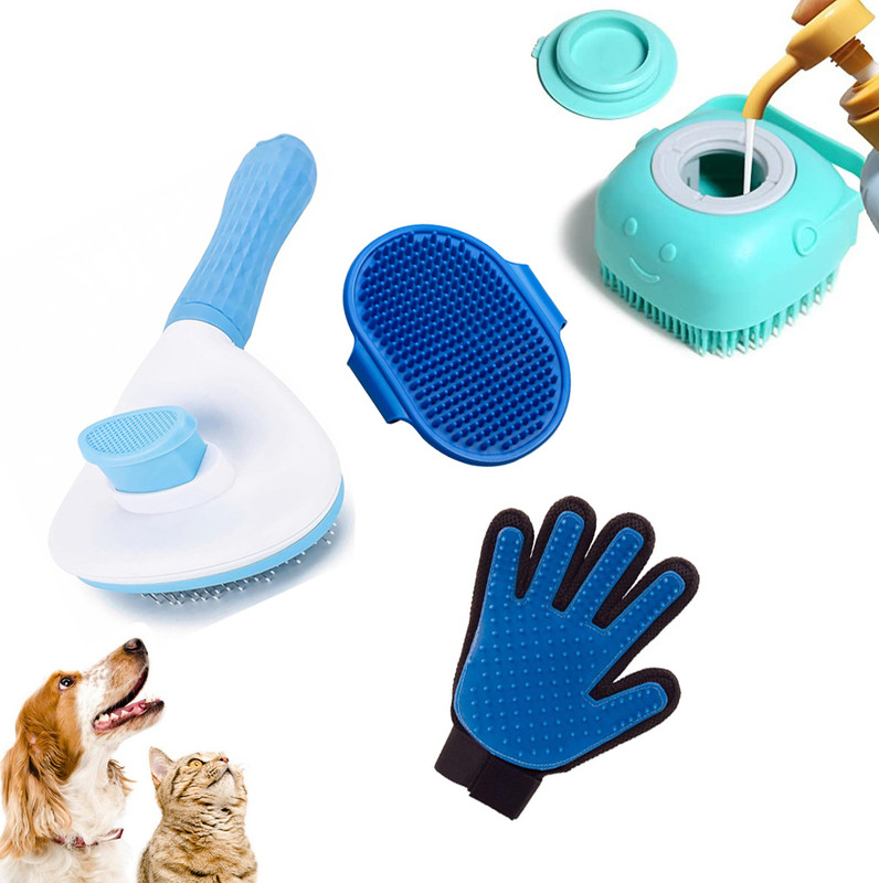 CONQUER Pet Grooming Kit Combo for Dogs & Cats – Slicker Brush, Bath Glove & Dispenser Plain/ Bristle Brushes for  Dog & Cat