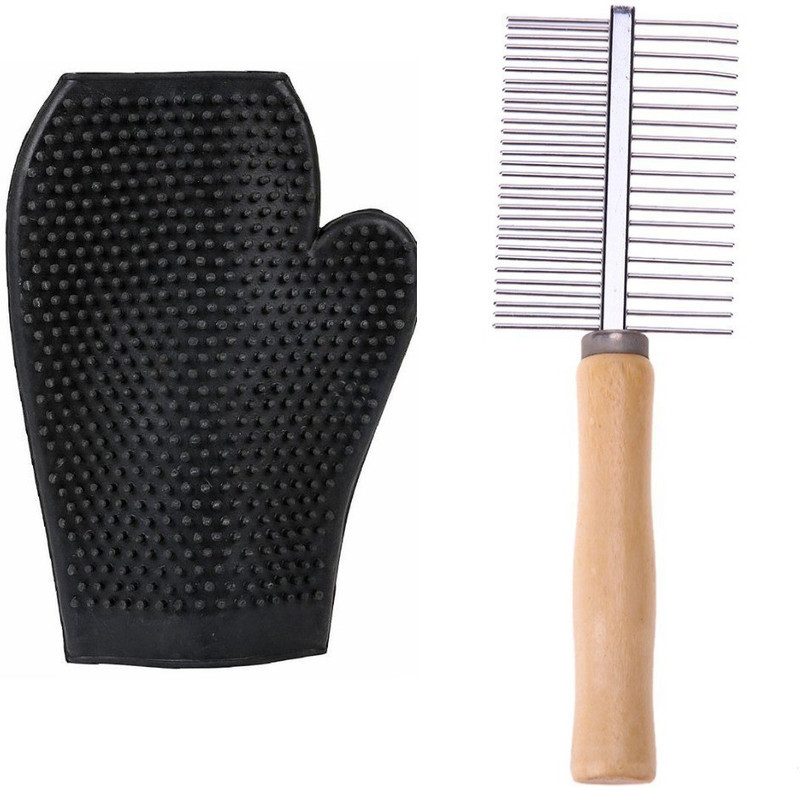 W9 High Quality Wooden Handle Steel Needles Rake Comb Hairbrush With Free Bathing Gloves for Dogs Cat Rakes for Dog