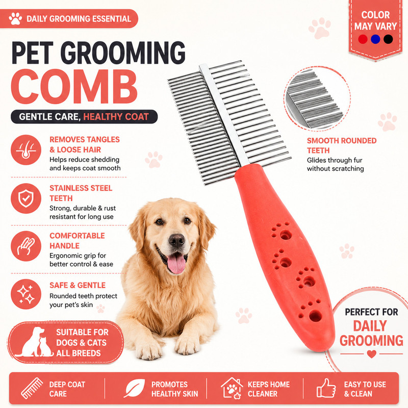 WoofyPlanet Best Quality Double Sided Pet Comb Stainless Steel Pin Basic Comb (Multicolor) Basic Comb for Dog & Cat, Dog, Rabbit, Hamster