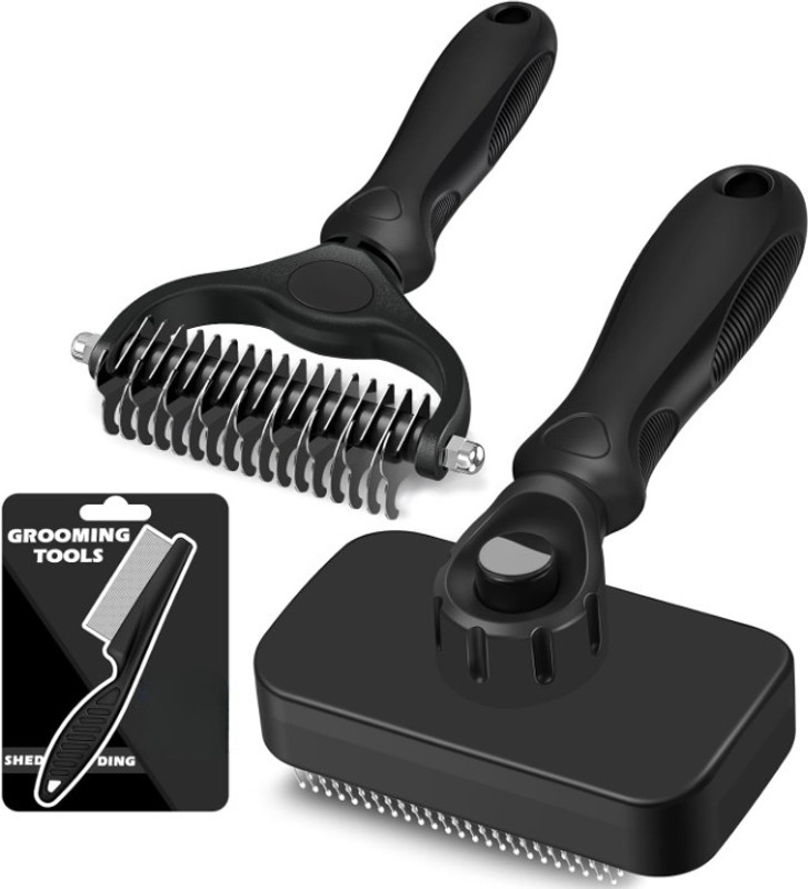 Cawypety 3PCS Pet Grooming Kit | Self-Cleaning Slicker Brush, Flea Comb & Rake Slicker Brushes for Dog, Cat, Horse