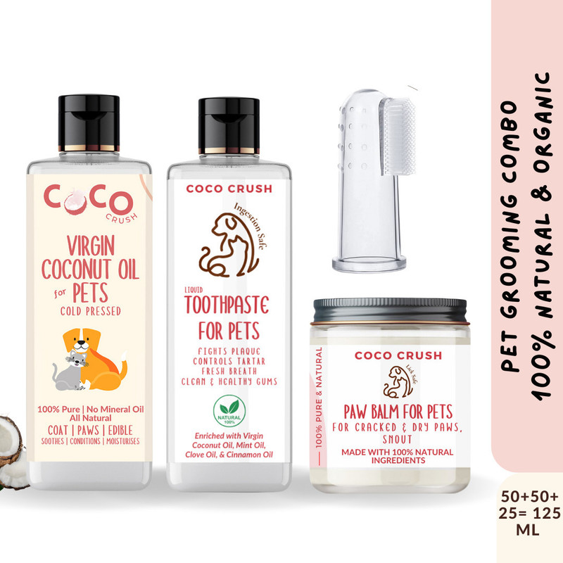 COCO CRUSH Pets 50ml Liquid Toothpaste,Toothbrush, 50ml Virgin Coconut Oil & 85g Paw Balm Pet Conditioner(185 ml)