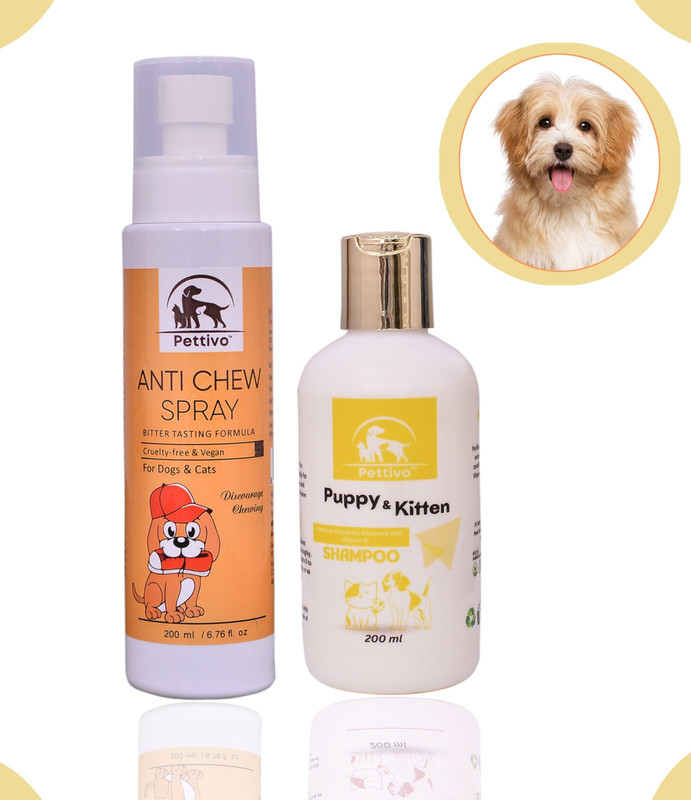 Pettivo Anti-Chew Spray, Bitter Tasting Formula, Puppy & Kitten Shampoo Deodorizer(400 ml, Pack of 2)