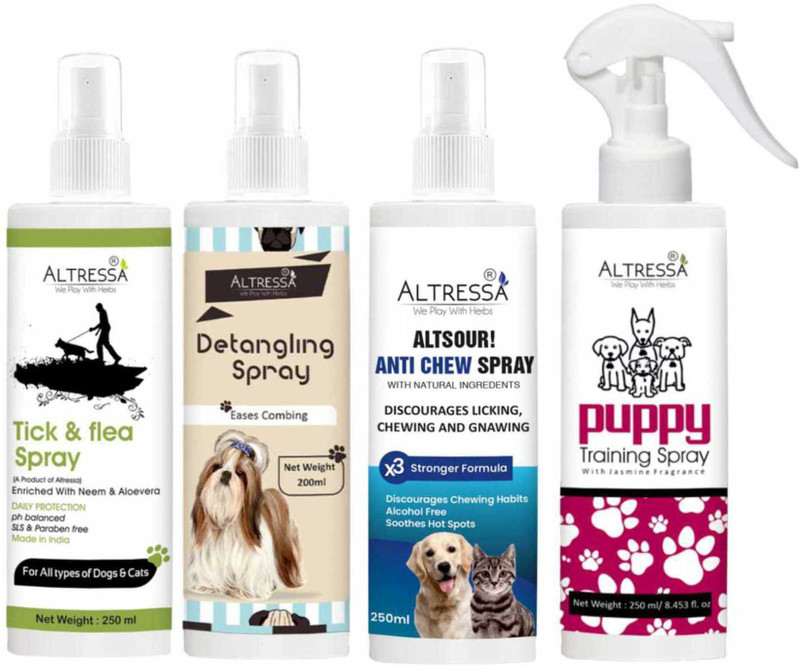 ALTRESSA Tick N Flea + Anti Chew + Puppy Training + Detangling Pet Spray Pack of 4 Deodorizer(950 ml, Pack of 4)