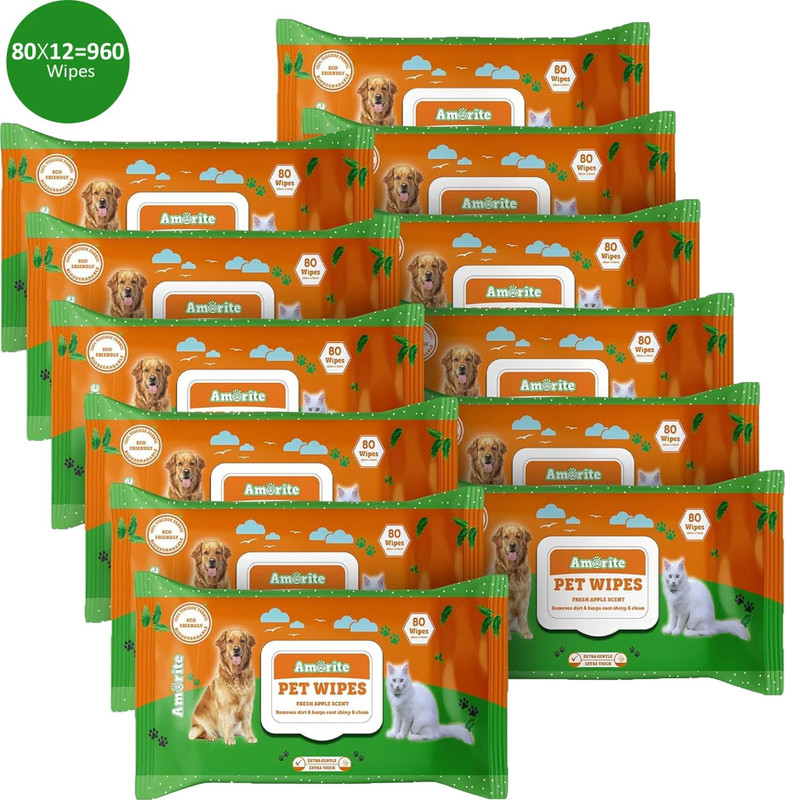 Amorite Wet Pet Wipes With Fresh Apple Fragrance For Dogs And Cats 960 Pcs Pet Ear Eye Wipes(Pack of 12)