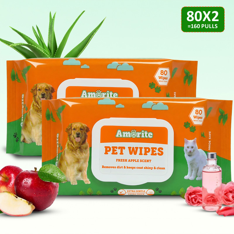 Amorite Wet Pet Wipes With Fresh Apple Fragrance For Dogs And Cats 160 Pcs Pet Ear Eye Wipes(Pack of 2)