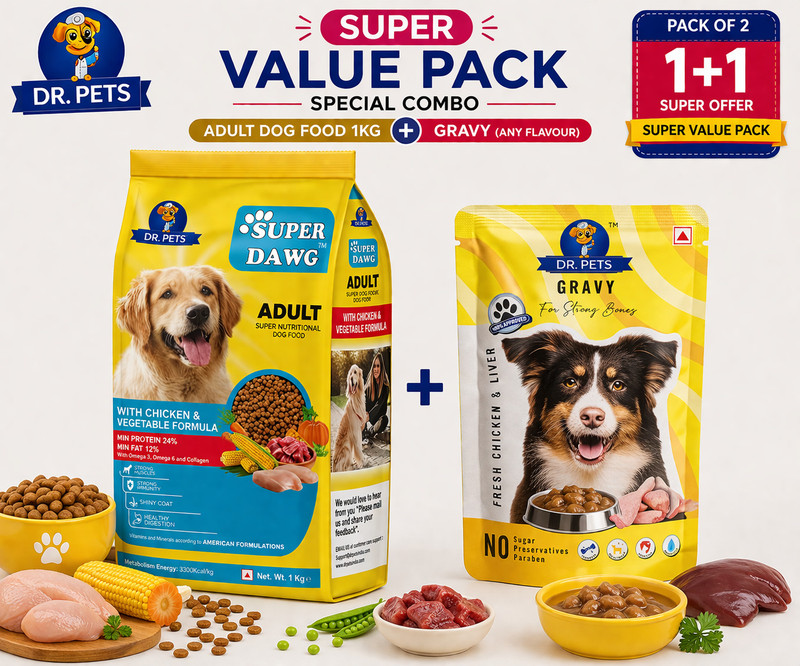 Dr.pets Dog Food & Treat Combo – SD Adult 1 kg + Wet Gravy (Any Flavour) Chicken 1.085 kg Dry Adult, Senior Dog Food