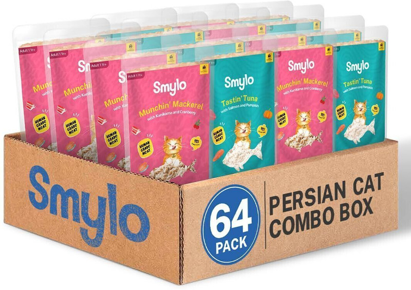 Smylo Natural Healthy Wet Cat Food (1+ yrs) for Persian Cat Combo of Tuna, Salmon, Mackeral 2.24 kg (32x0.07 kg) Wet Adult Cat Food
