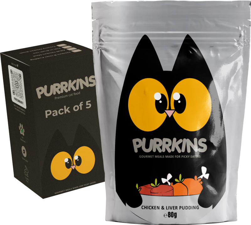 Purrkins Natural Healthy Wet Cat Food - Trial Pack of Chicken, Chicken Liver Pudding Meal Chicken, Liver 0.4 kg (5x0.08 kg) Wet Adult Cat Food