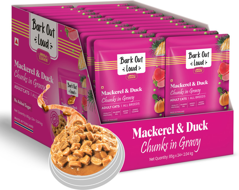 BARK OUT LOUD Wet Cat Food | Mackerel & Tuna | Gravy Cat Food for All Breeds Fish 0.51 kg (6x0.09 kg) Wet Adult Cat Food