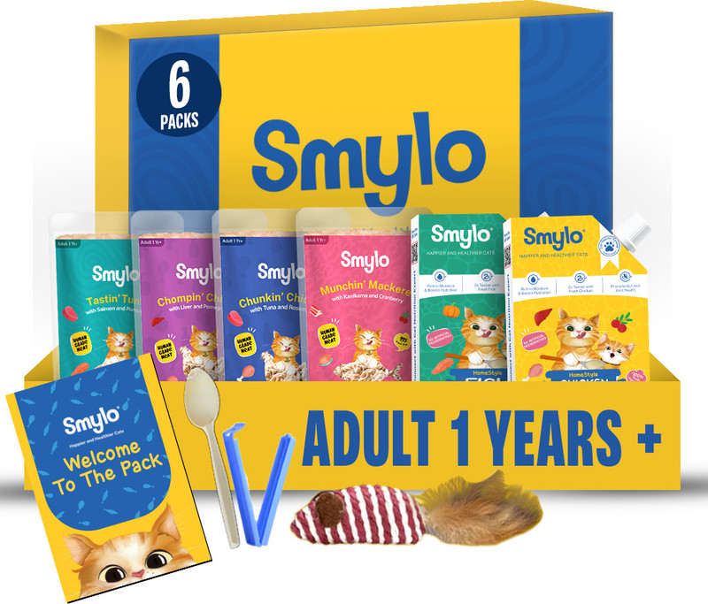 Smylo Adult Wet Cat Food Trial Box with Chicken & Fish Broths, Chicken,Tuna & Mackerel Tuna, Chicken, Salmon, Mackeral 0.48 kg (6x0.08 kg) Wet Adult Cat Food