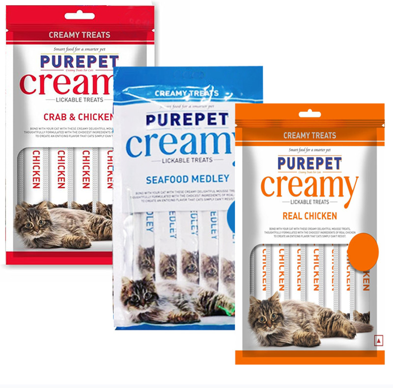 Purepet PUREPET CREAMY LICKABLE TREAT SEA FOOD + REAL CHICKEN +SALOM & SKIPJACK Sea Food, Chicken, Salmon 0.075 kg (3x0.02 kg) Wet Adult Cat Food
