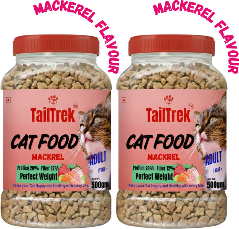 TailTrek Adult Cat Food with Mackerel Flavour, 500g X2 Mackeral 1 kg (2x0.5 kg) Dry Adult Cat Food