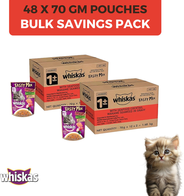 Whiskas Tasty Mix Seafood Cocktail Wakame Seaweed in Gravy, Pack of 28 x 70g Sea Food 1.96 kg (28x0.07 kg) Wet Adult Cat Food