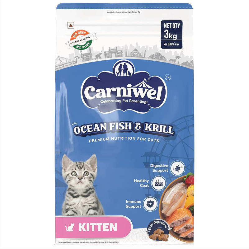 CARNIWEL Ocean Fish & Antarctic Krill Dry cat Food for Kitten Fish 3 kg Dry Young Cat Food