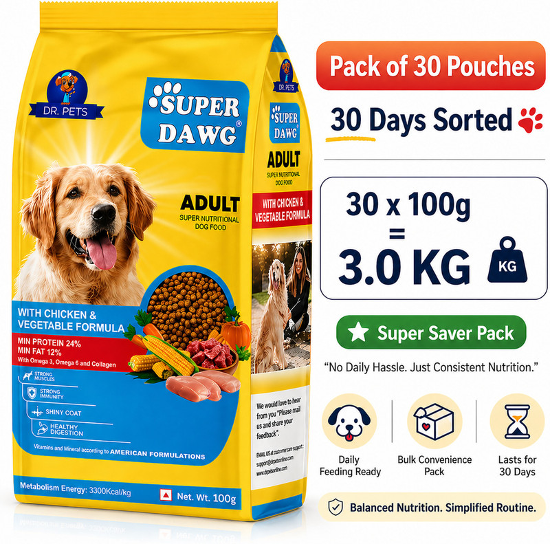 Dr.pets Dog Dry Food Adult Chicken & Vegetables – Pack of 30 (100 g each) Chicken 3 kg (30x0.1 kg) Dry Adult, Senior Dog Food